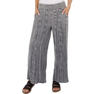 Studio West Women's Pants Gray Lace Applique Elastic Waist Wide Leg Pockets  L